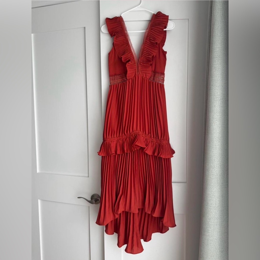 Self Portrait Calla Plisse Flounce High Low Dress Rust Terracotta Size 2 - Picture 6 of 8